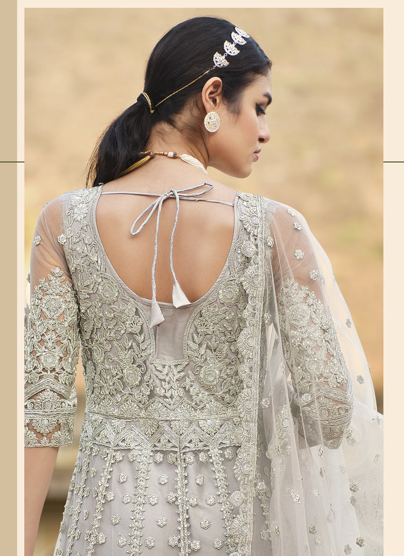 Pearl Grey Net Embroidered Designer Anarkali Suit