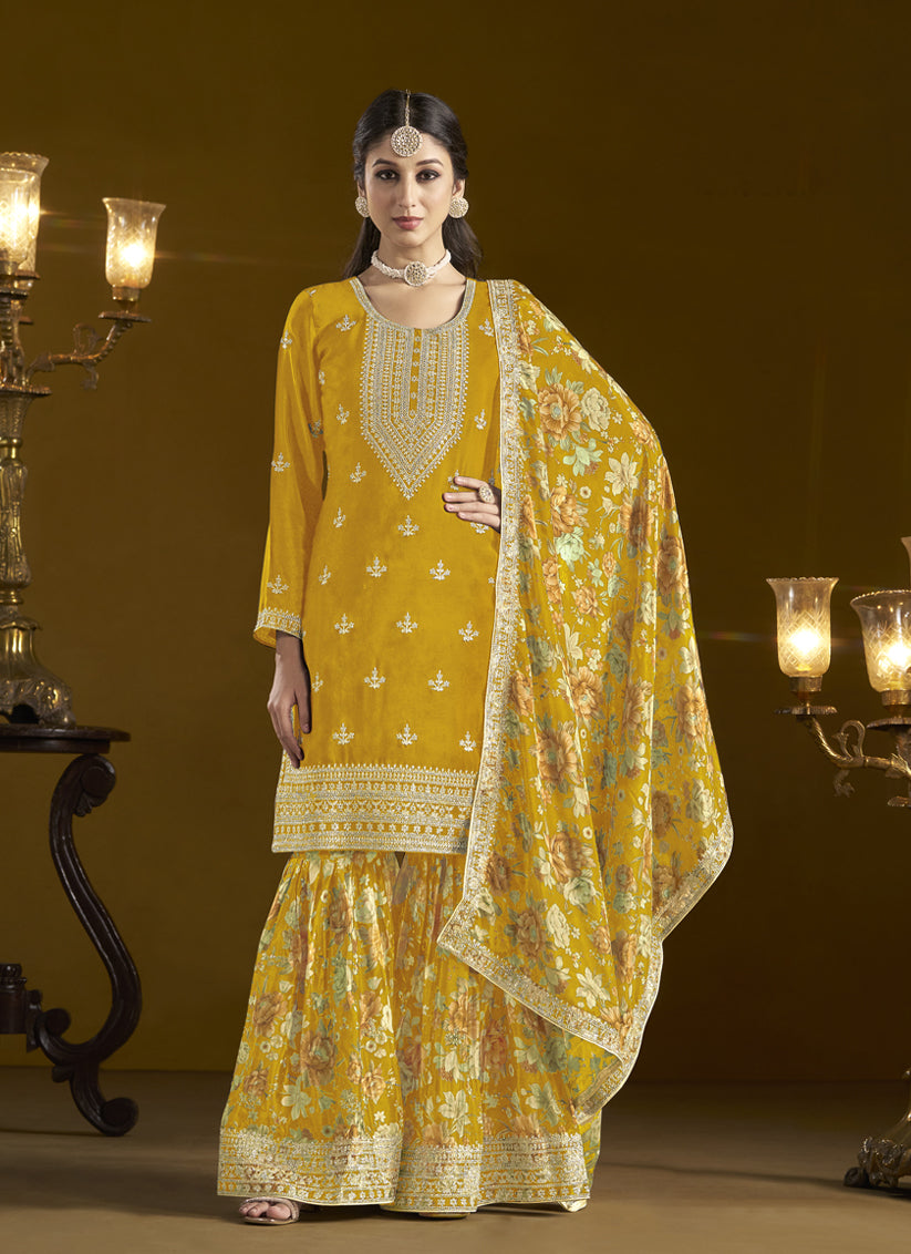 Golden Yellow Chinnon Embroidery  Sarara Kameez Suit
