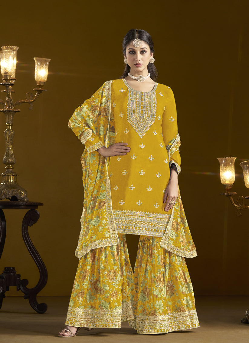 Golden Yellow Chinnon Embroidery  Sarara Kameez Suit