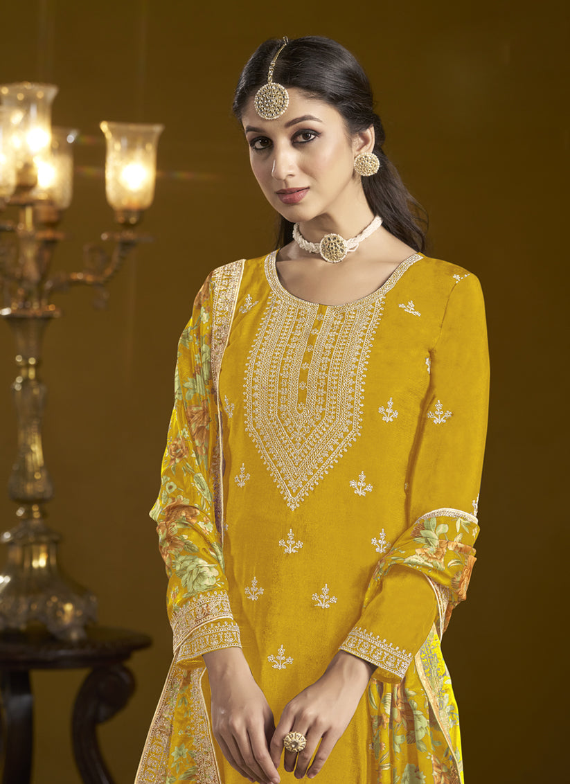 Golden Yellow Chinnon Embroidery  Sarara Kameez Suit