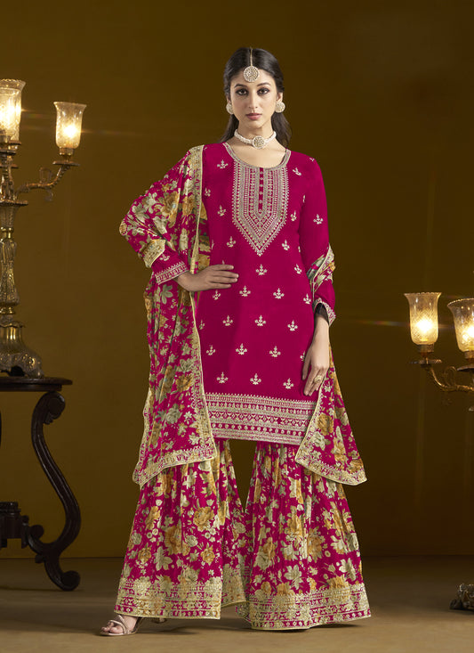 Pink Chinnon Embroidery  Sarara Kameez Suit