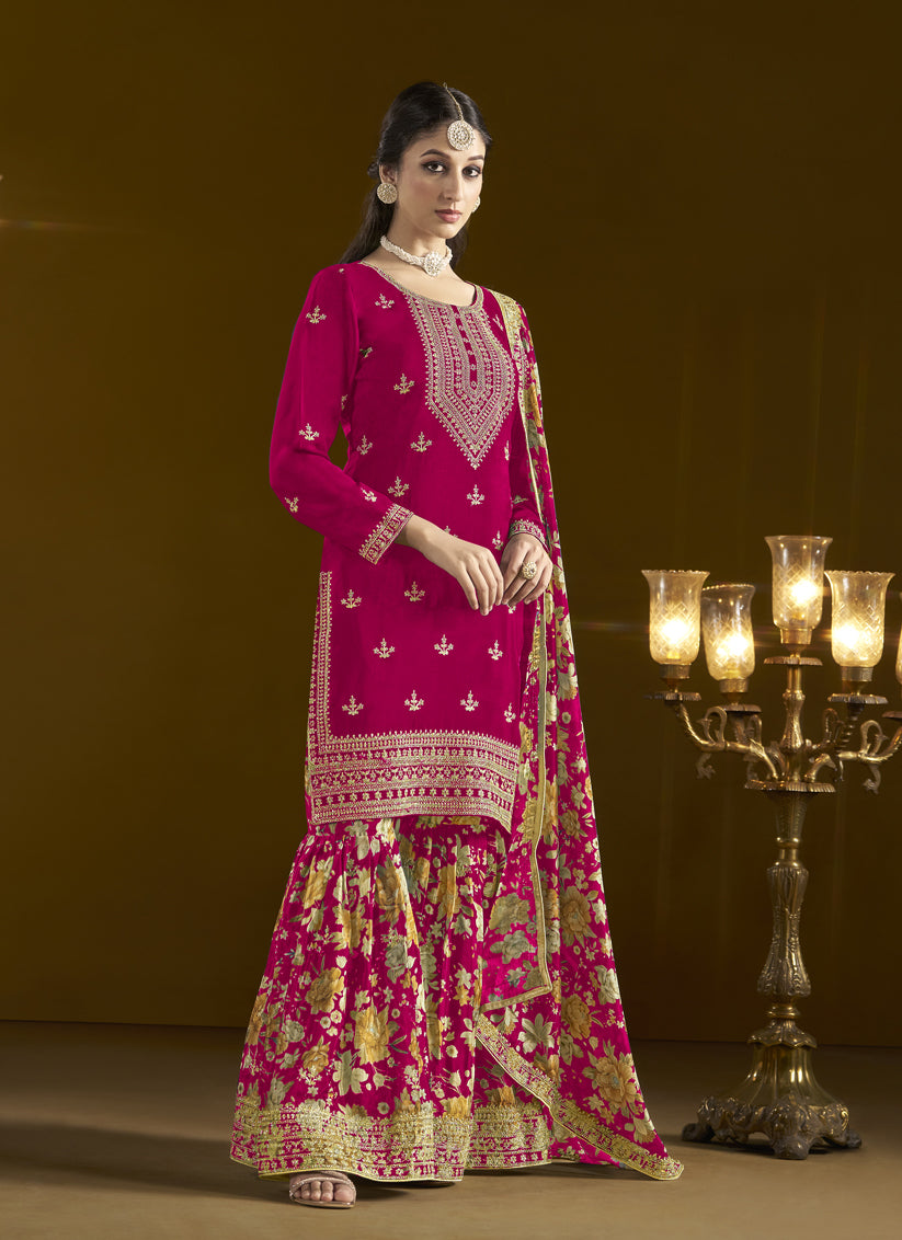 Pink Chinnon Embroidery  Sarara Kameez Suit