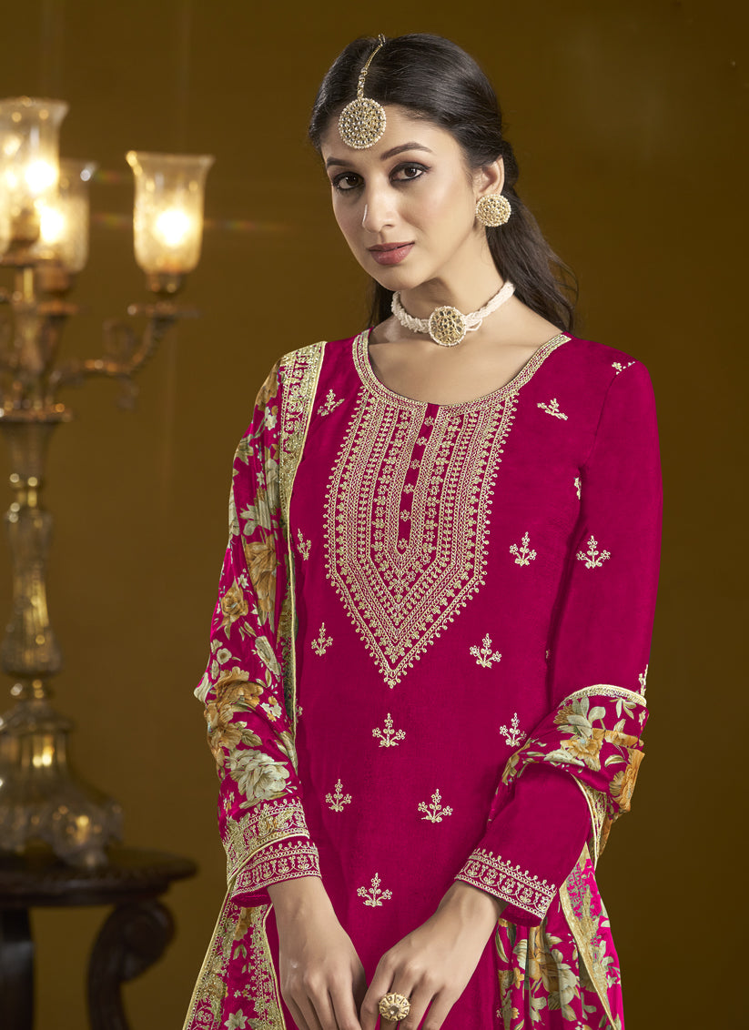 Pink Chinnon Embroidery  Sarara Kameez Suit