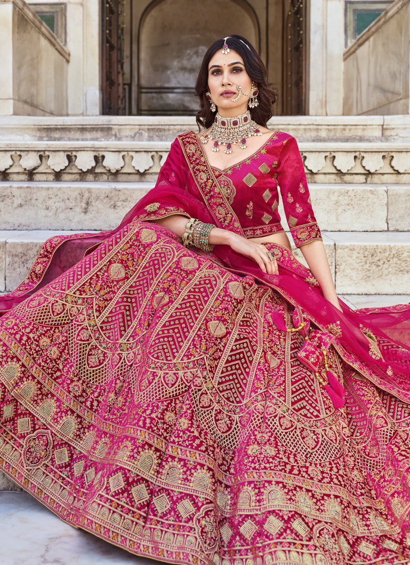 Rani Pink Heavy Velvet Embroidered Bridal Lehenga Choli – TDO