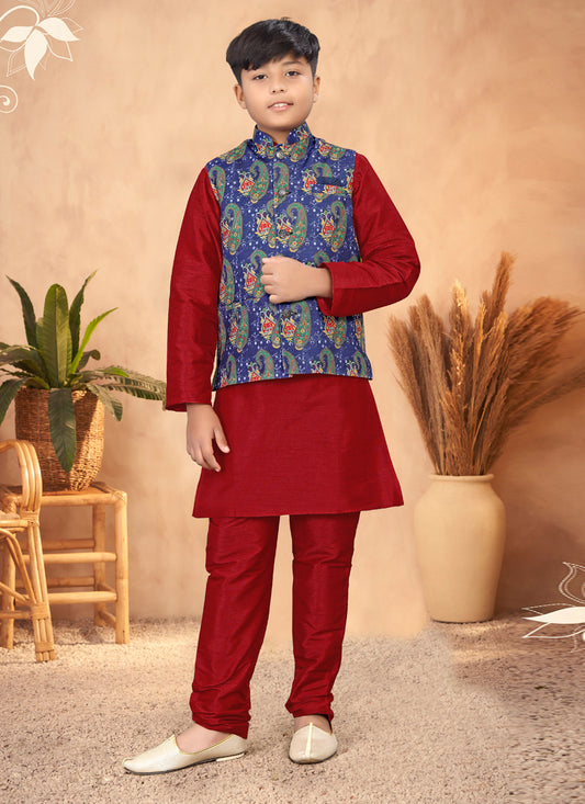 Maroon Silk Kurta Pyjama Set with Jute Printed Jacket