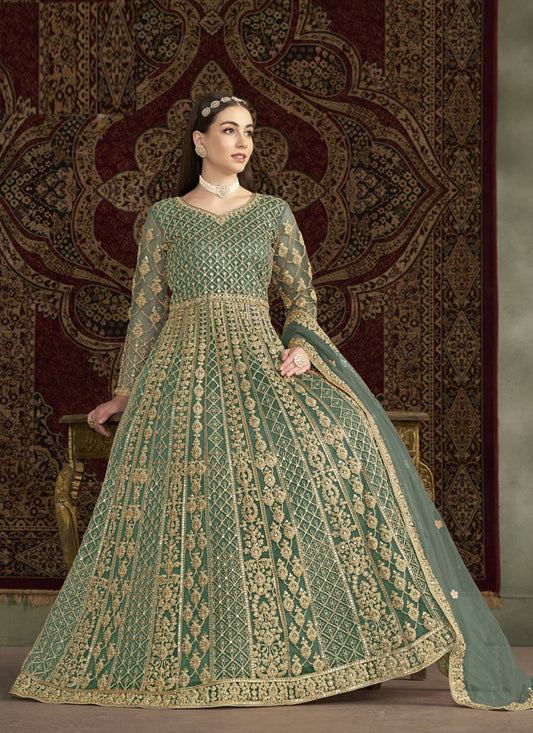 Light Green Sequins & Embroidered Net Anarkali Suit