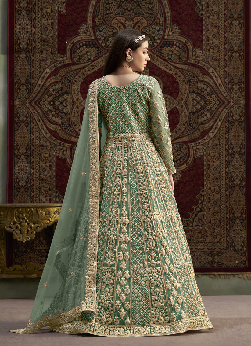 Light Green Sequins & Embroidered Net Anarkali Suit