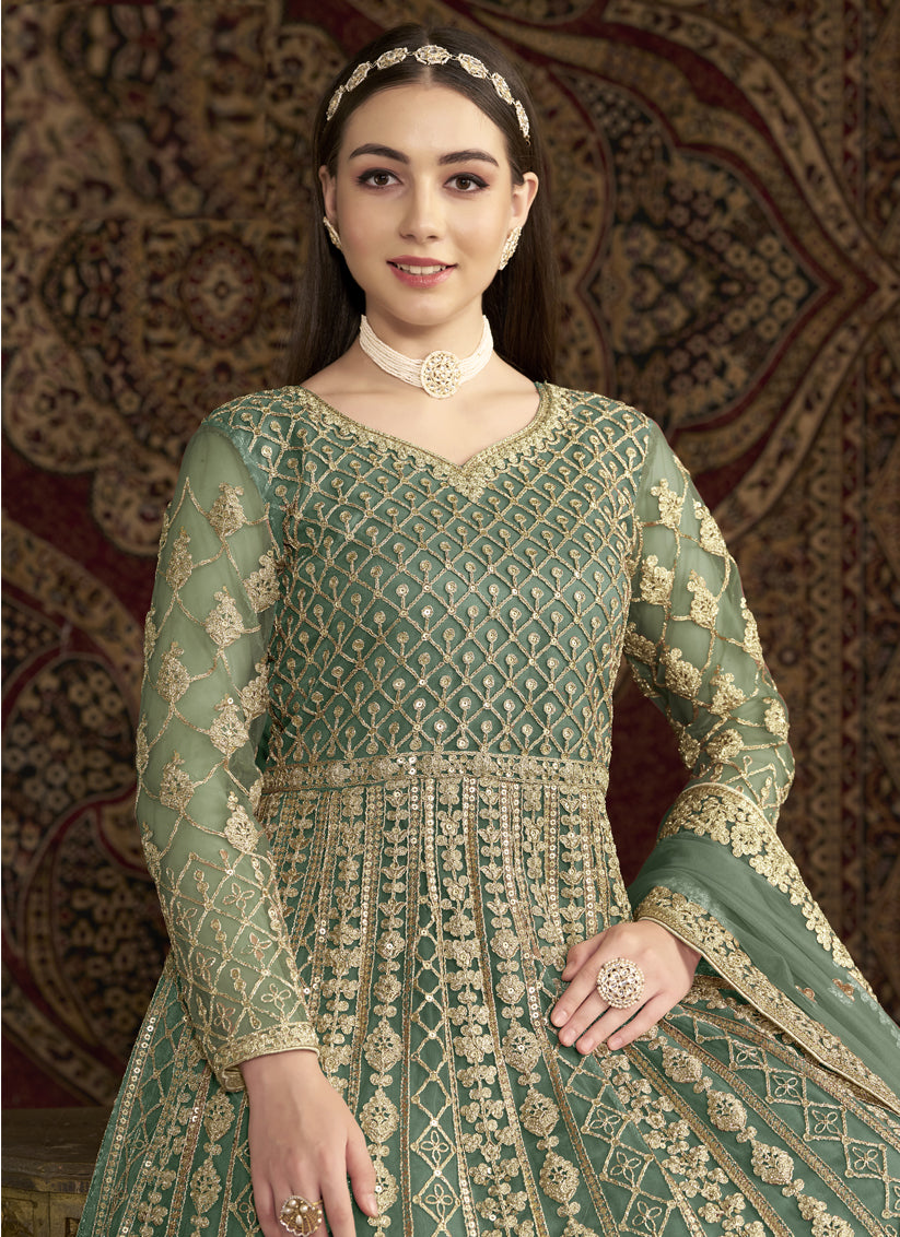 Light Green Sequins & Embroidered Net Anarkali Suit