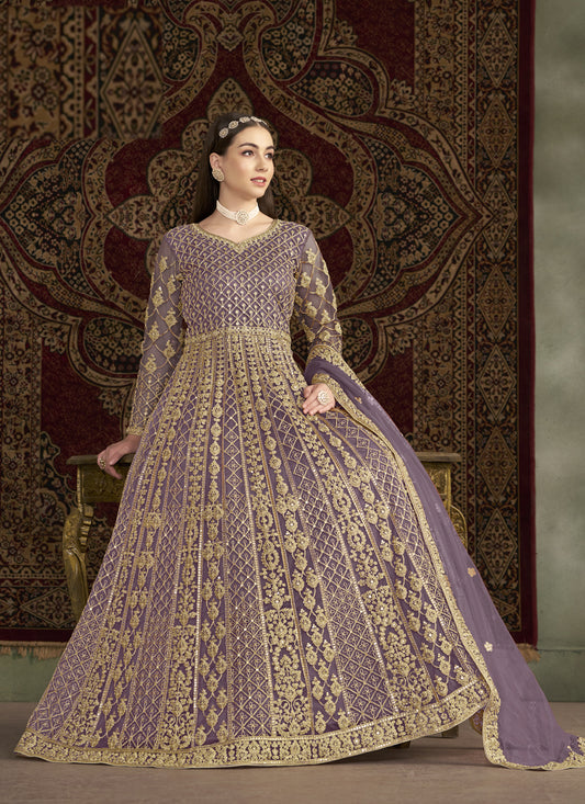 Mauve Sequins & Embroidered Net Anarkali Suit
