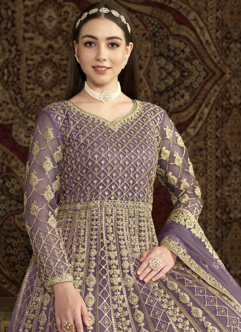 Mauve Sequins & Embroidered Net Anarkali Suit