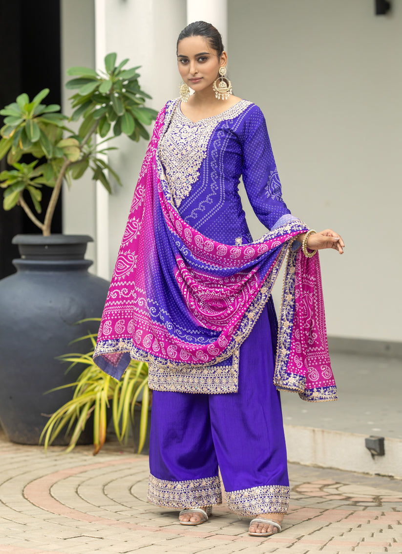 Purple Chinnon Bandhani Print Readymade Palazzo Suit