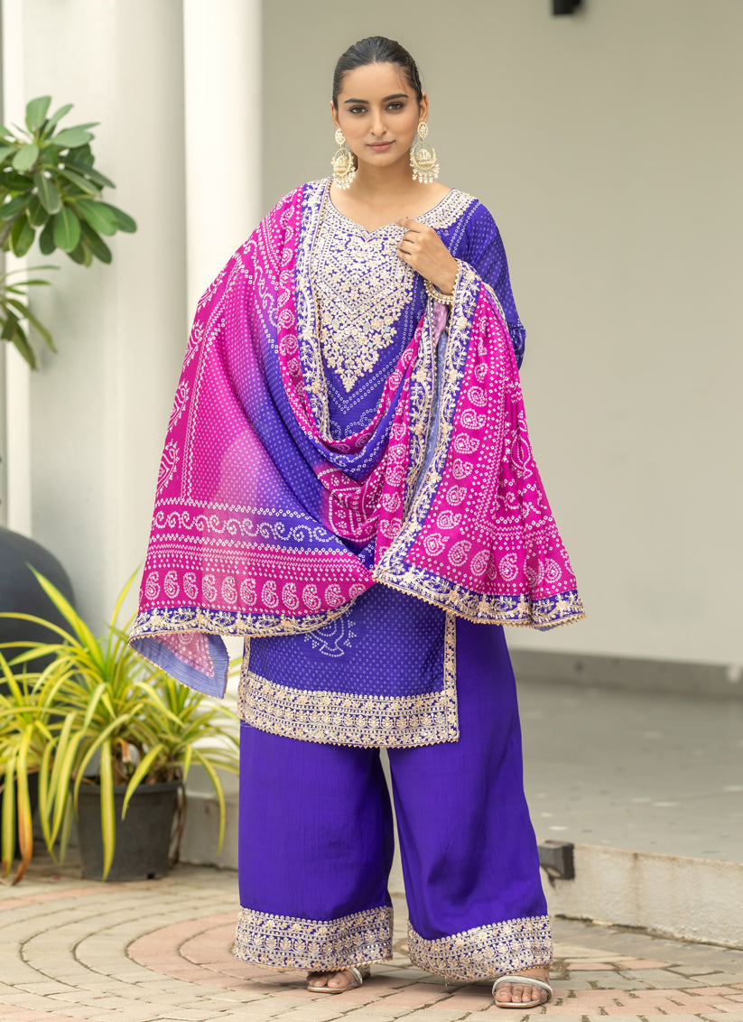 Purple Chinnon Bandhani Print Readymade Palazzo Suit