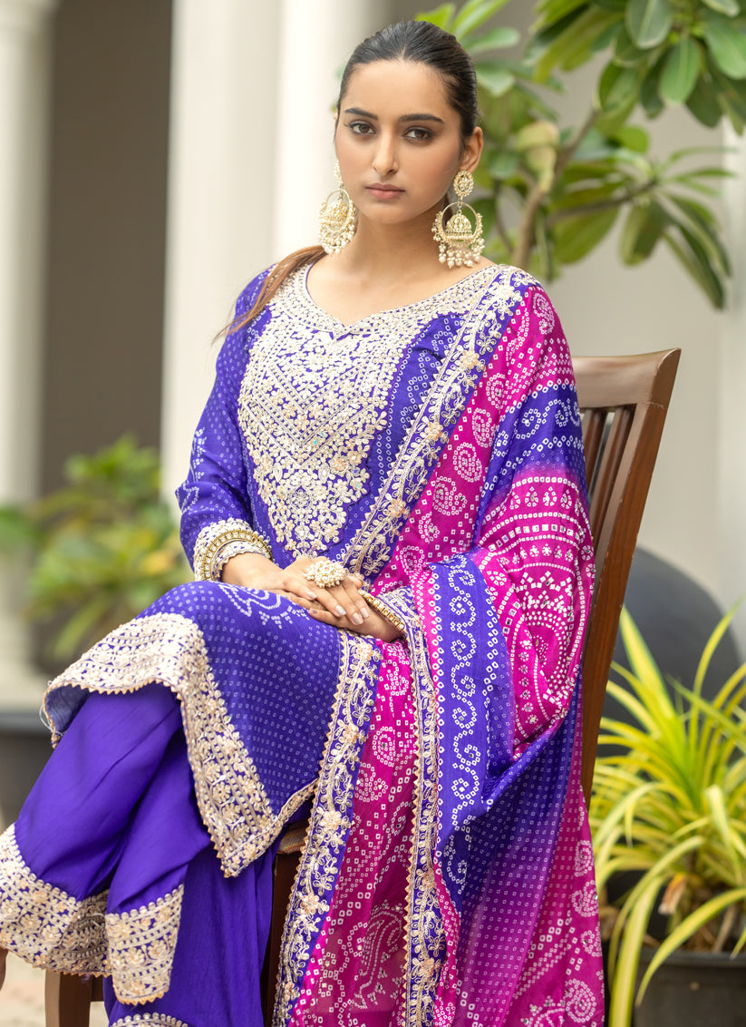 Purple Chinnon Bandhani Print Readymade Palazzo Suit