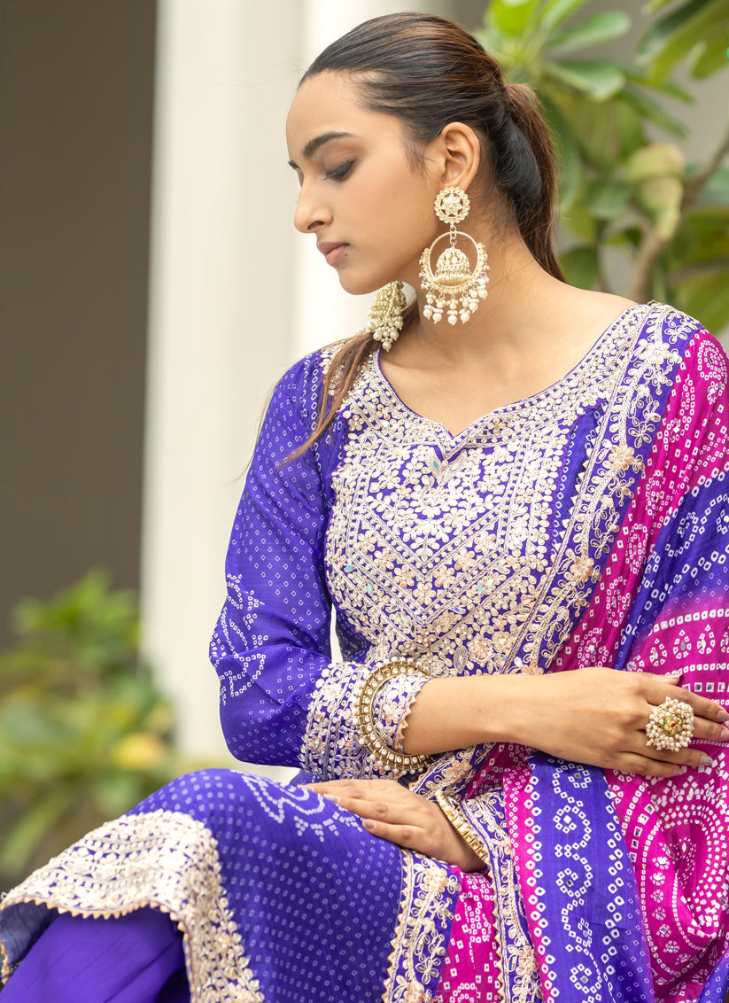 Purple Chinnon Bandhani Print Readymade Palazzo Suit