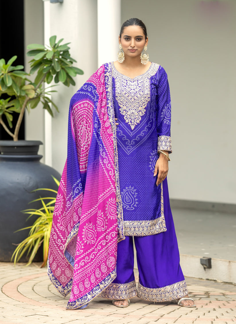 Purple Chinnon Bandhani Print Readymade Palazzo Suit