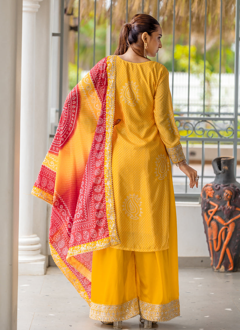 Sunny Yellow Chinnon Bandhani Print Readymade Palazzo Suit