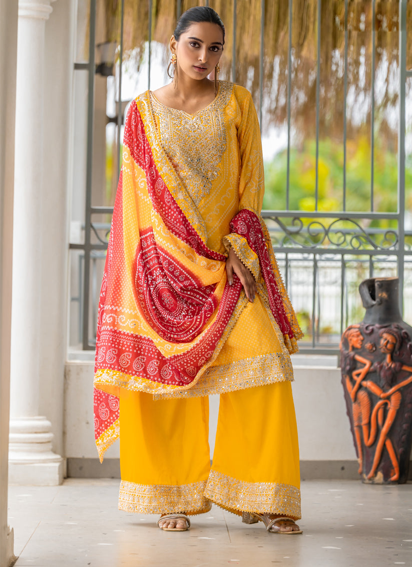 Sunny Yellow Chinnon Bandhani Print Readymade Palazzo Suit