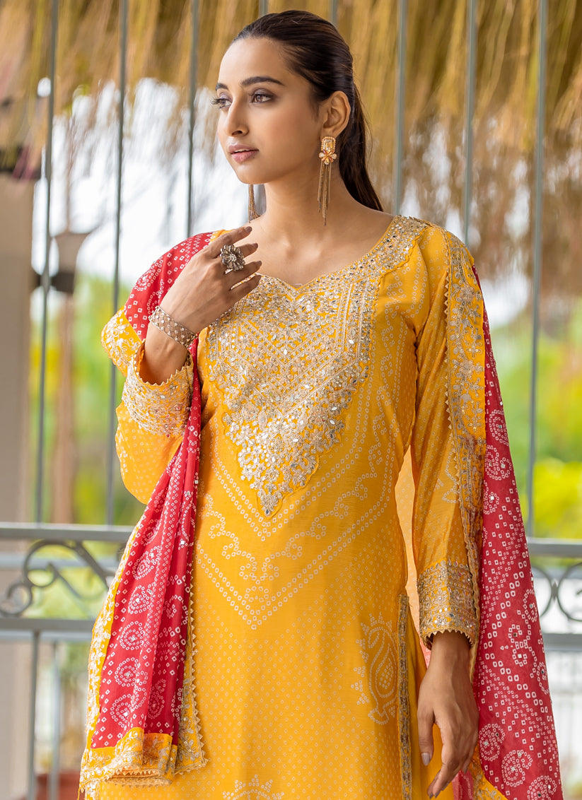 Sunny Yellow Chinnon Bandhani Print Readymade Palazzo Suit