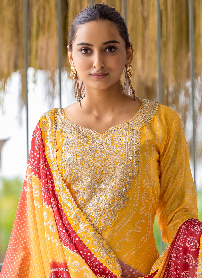 Sunny Yellow Chinnon Bandhani Print Readymade Palazzo Suit