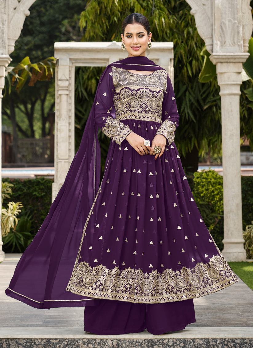 Plum Georgette Sequins Embroidered Palazzo Kameez