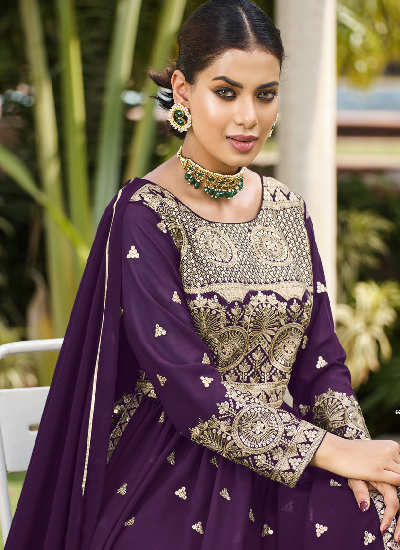 Plum Georgette Sequins Embroidered Palazzo Kameez