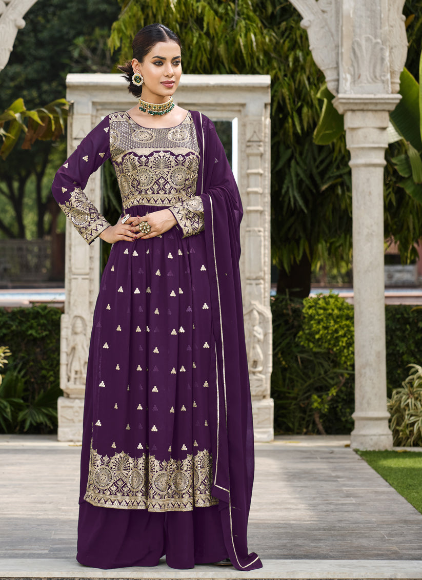 Plum Georgette Sequins Embroidered Palazzo Kameez