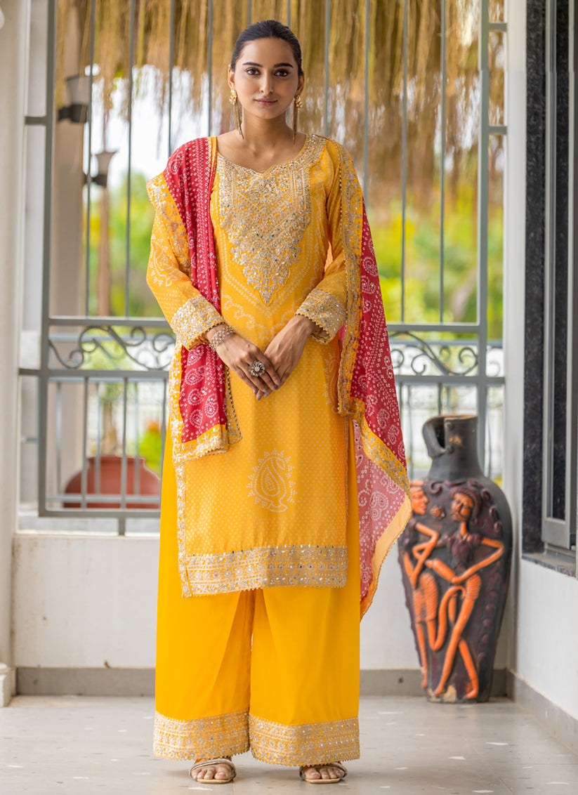 Sunny Yellow Chinnon Bandhani Print Readymade Palazzo Suit