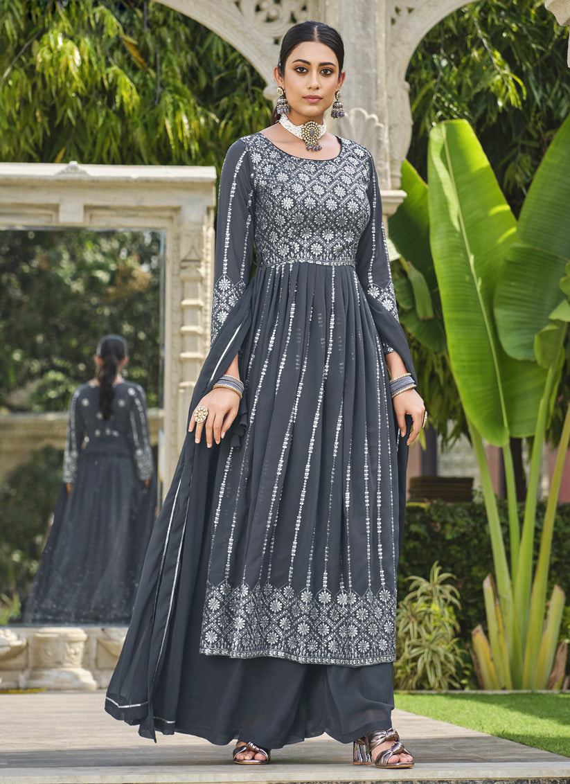 Slate Grey Georgette Sequins Embroidered Palazzo Kameez