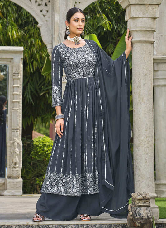 Slate Grey Georgette Sequins Embroidered Palazzo Kameez