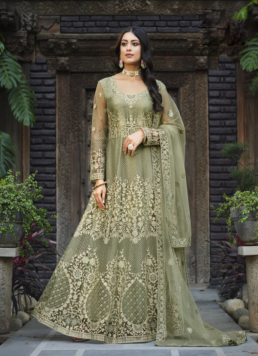 Sage Green Net Embroidered Anarkali Suit
