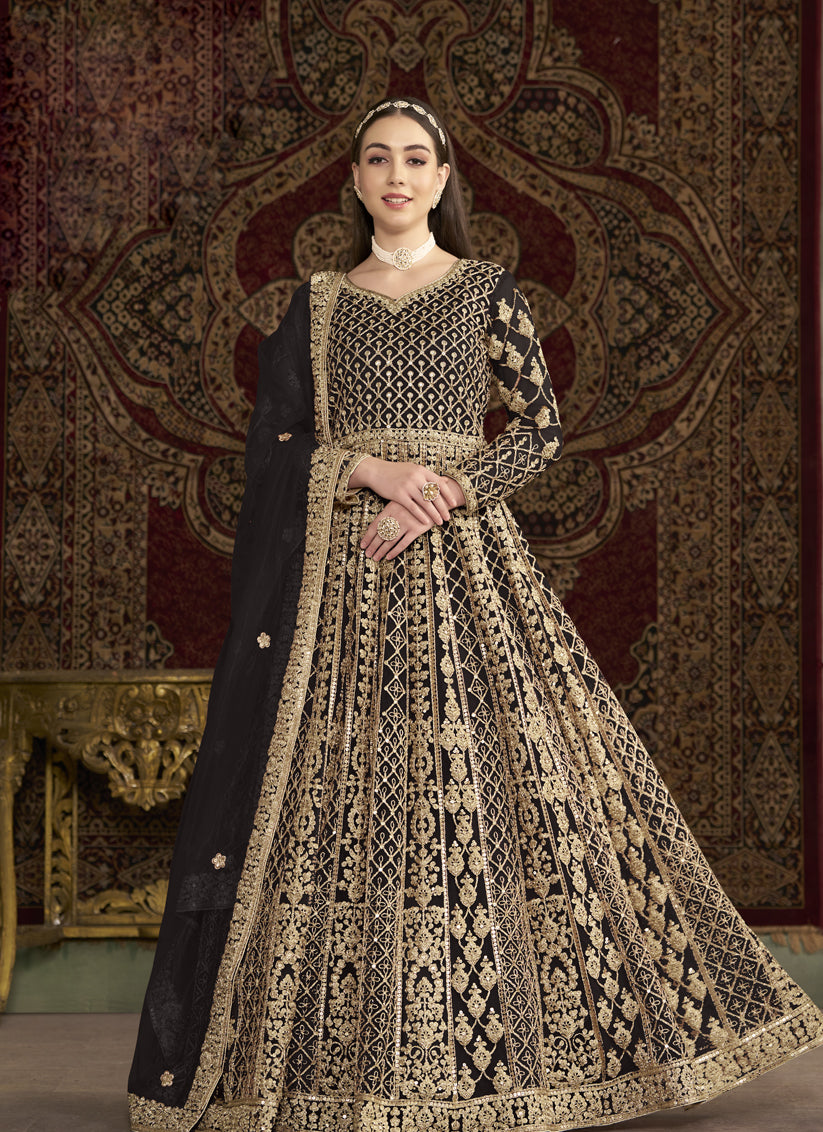 Black Havy Embroidered  & Net Anarkali Suit for Festival