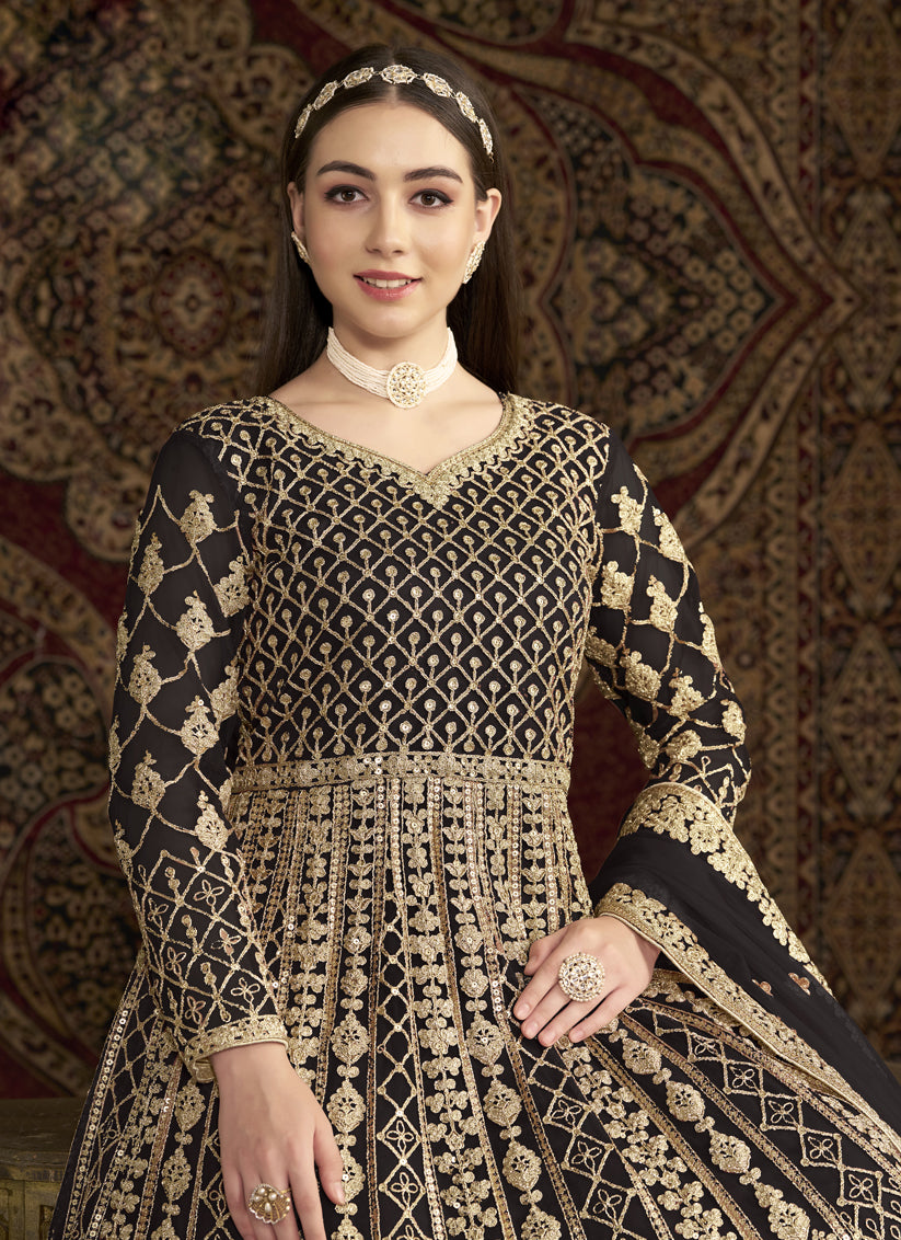 Black Havy Embroidered  & Net Anarkali Suit for Festival