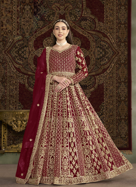 Maroon Havy Embroidered  & Net Anarkali Suit for Festival