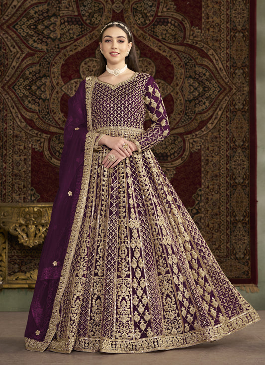 Wine Havy Embroidered  & Net Anarkali Suit for Festival