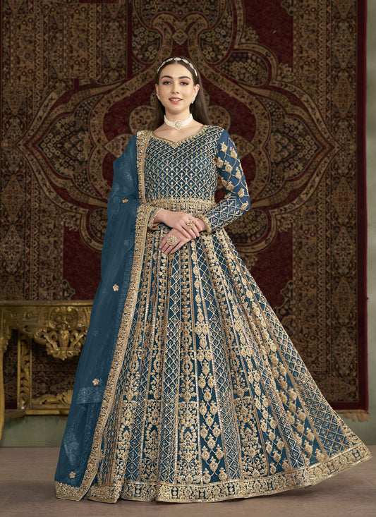 Prussian Blue Havy Embroidered  & Net Anarkali Suit for Festival
