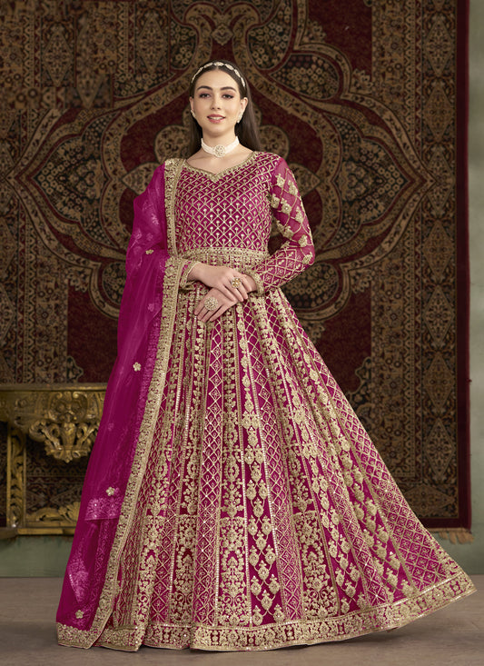 Magenta Havy Embroidered  & Net Anarkali Suit for Festival