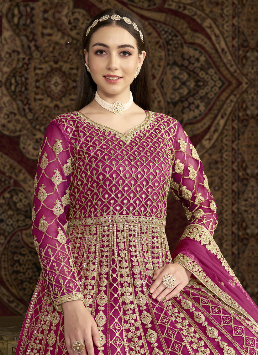 Magenta Havy Embroidered  & Net Anarkali Suit for Festival