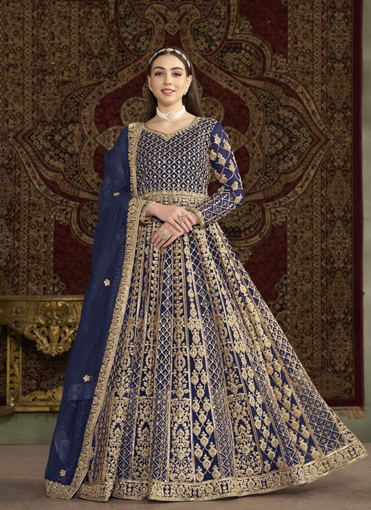 Navy Blue Havy Embroidered  & Net Anarkali Suit for Festival