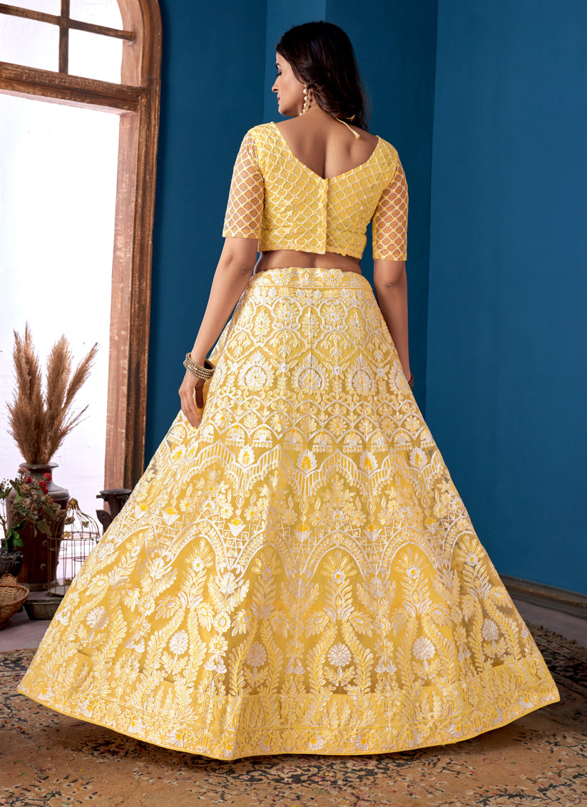 Lemon Yellow Net Embroidered  Wedding Wear Lehenga Choli