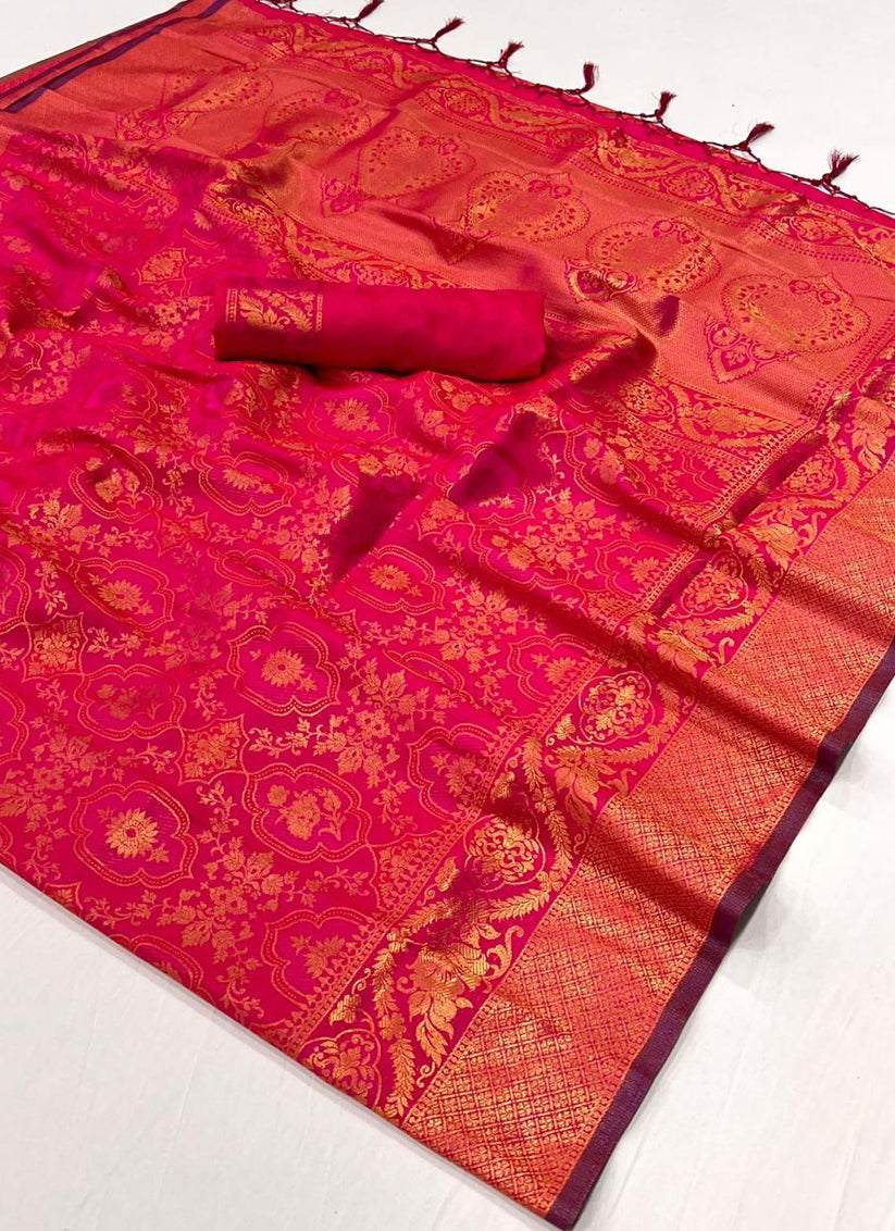 Rani Pink Silk Handloom Weaving Saree For Festival