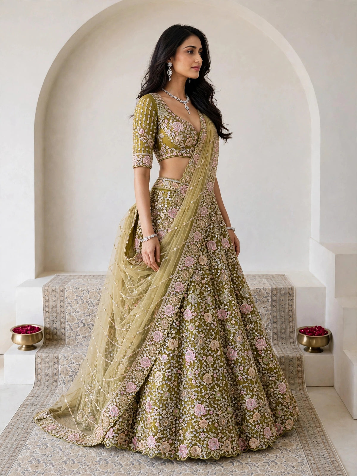 Lemon Floral Heavy Bridal Net Lehenga Choli