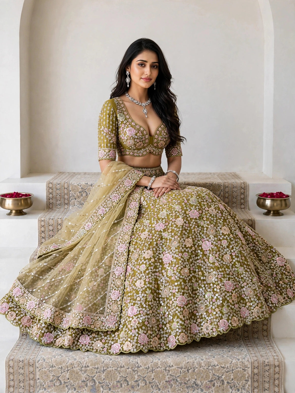 Lemon Floral Heavy Bridal Net Lehenga Choli