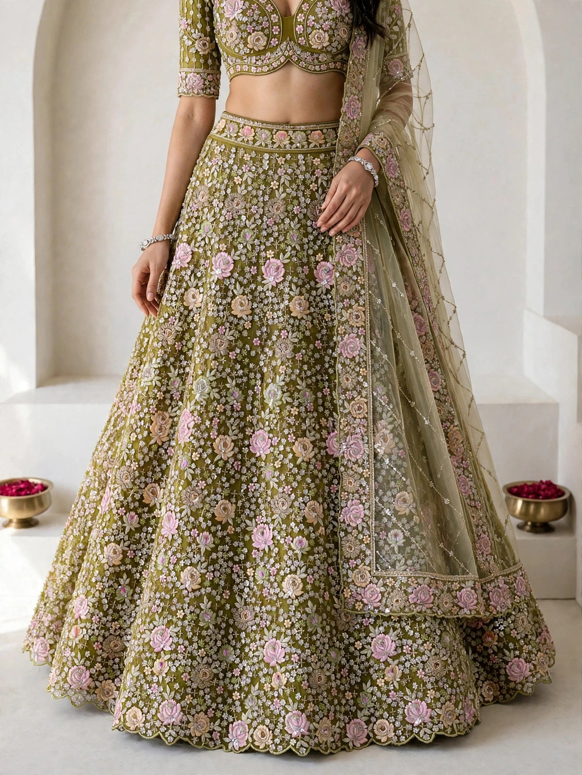Lemon Floral Heavy Bridal Net Lehenga Choli