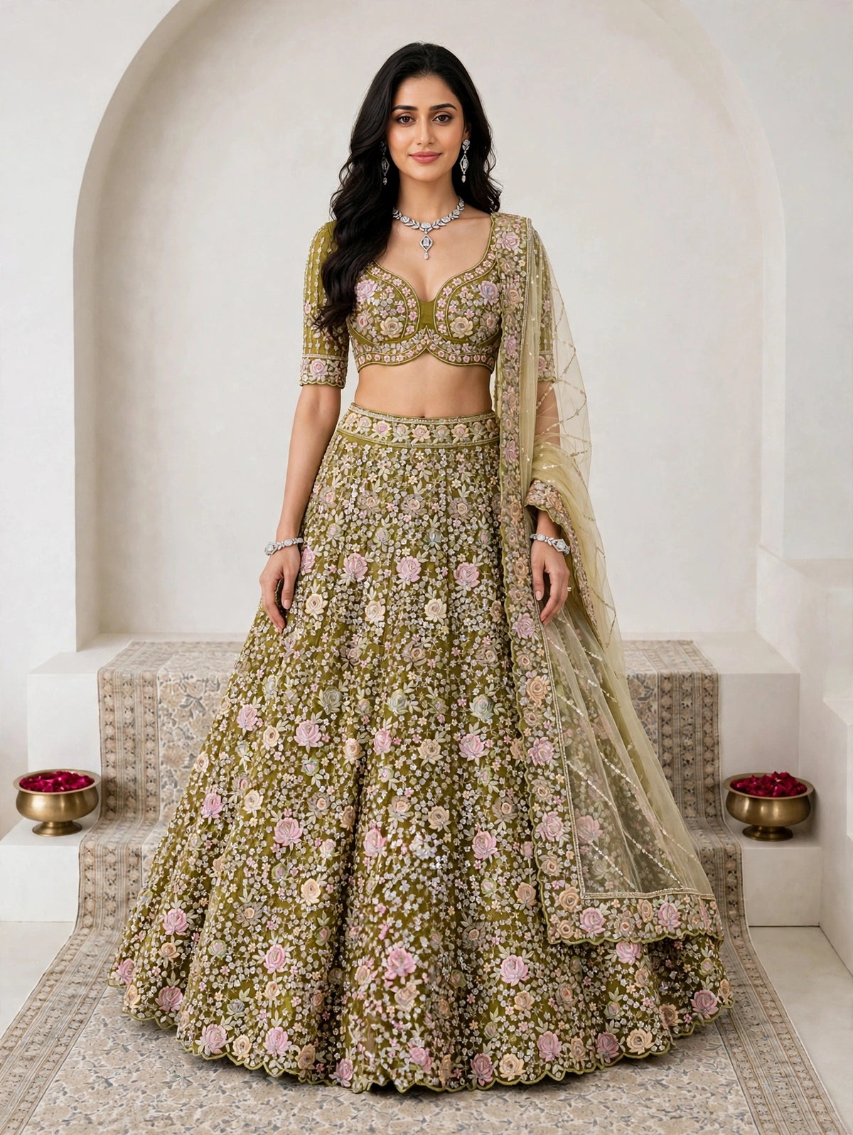 Lemon Floral Heavy Bridal Net Lehenga Choli
