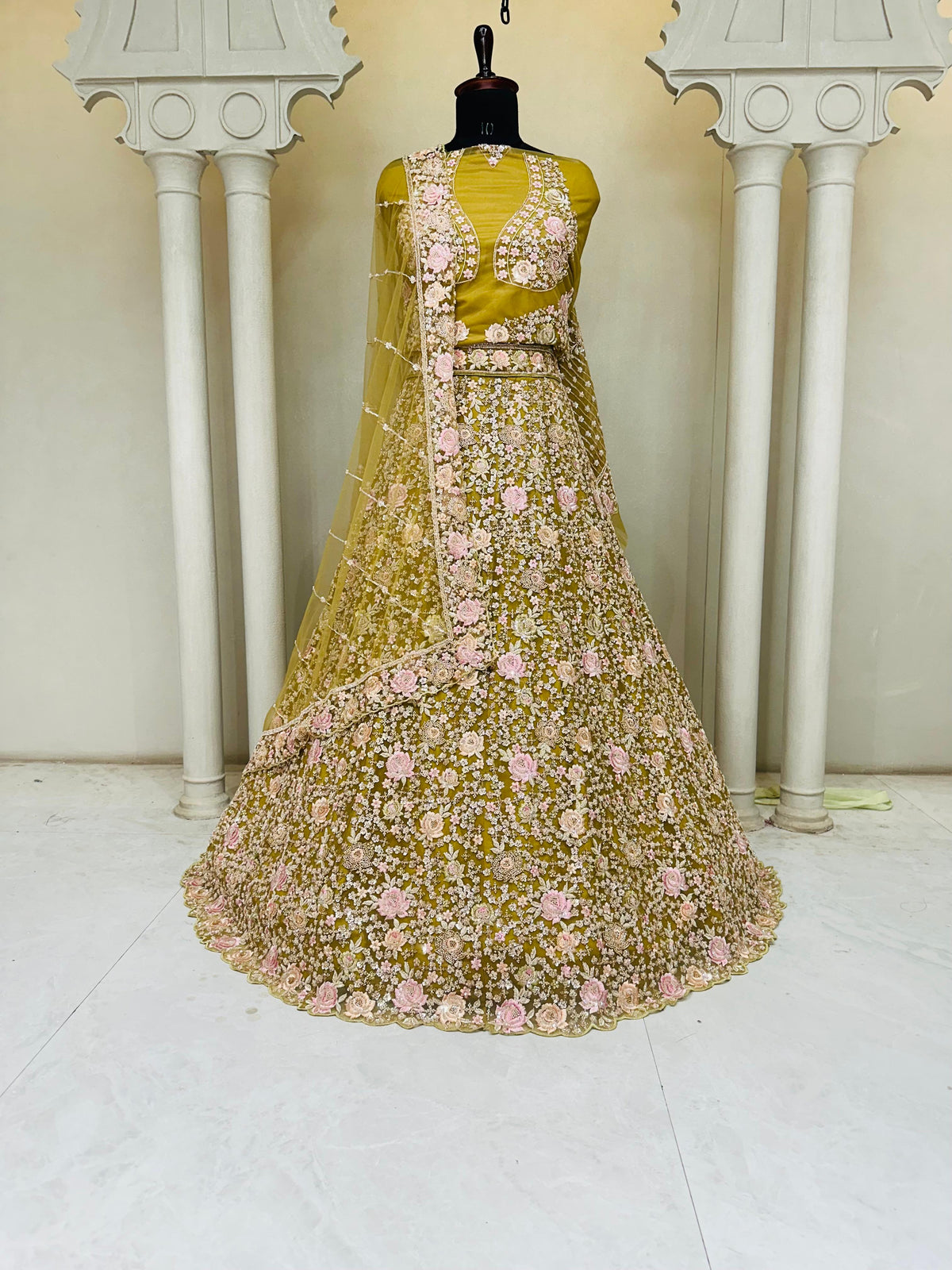 Lemon Floral Heavy Bridal Net Lehenga Choli