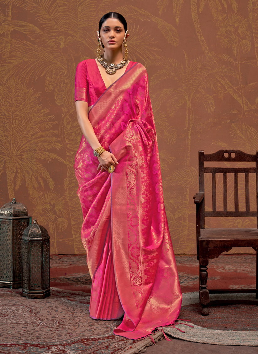 Rani Pink Silk Handloom Weaving Saree For Festival