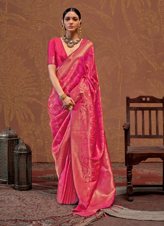 Rani Pink Silk Handloom Weaving Saree For Festival