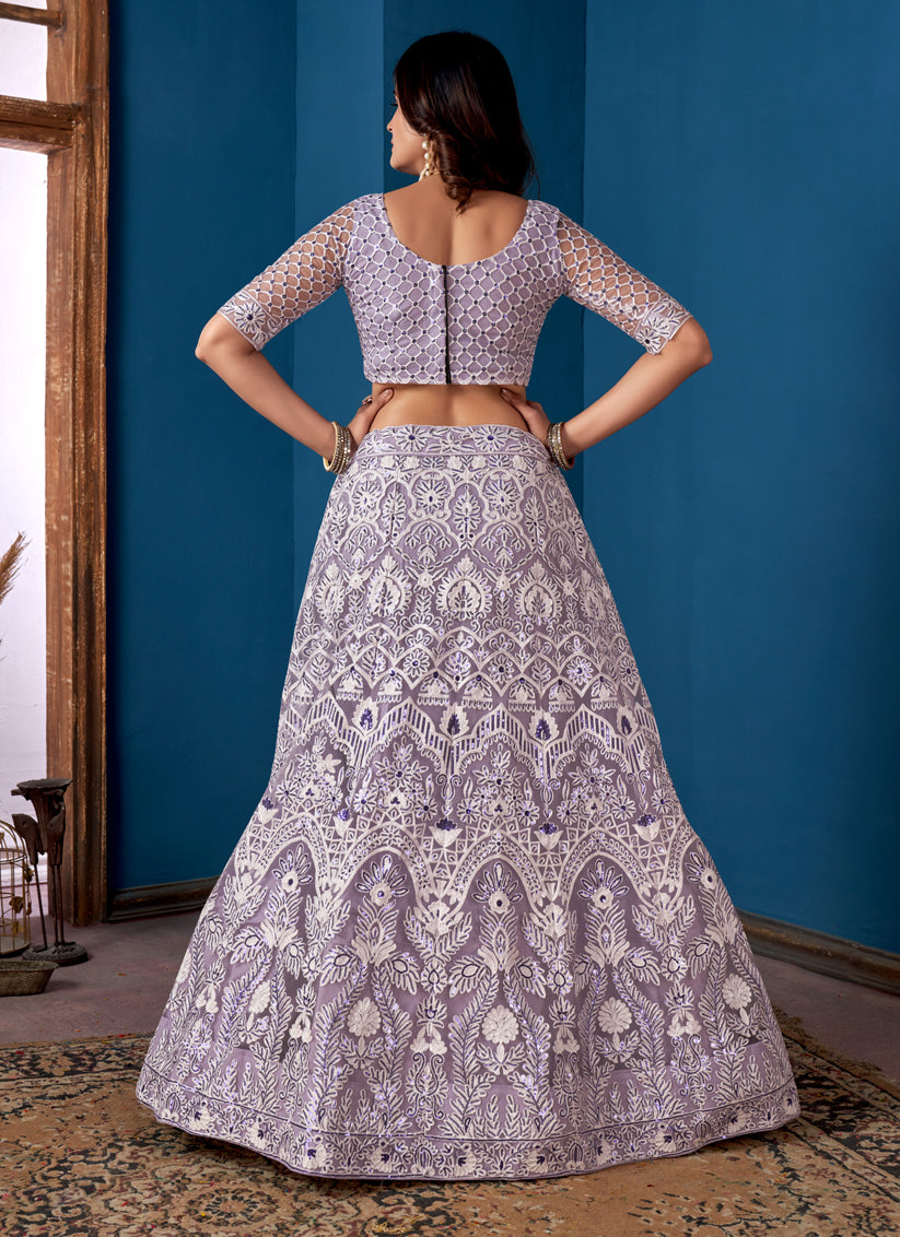 Lavender Net Embroidered  Wedding Wear Lehenga Choli