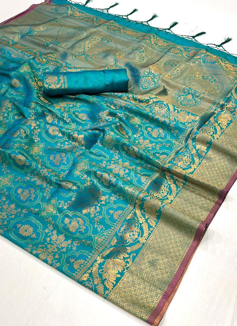 Peacock Blue Silk Handloom Weaving Saree For Festival