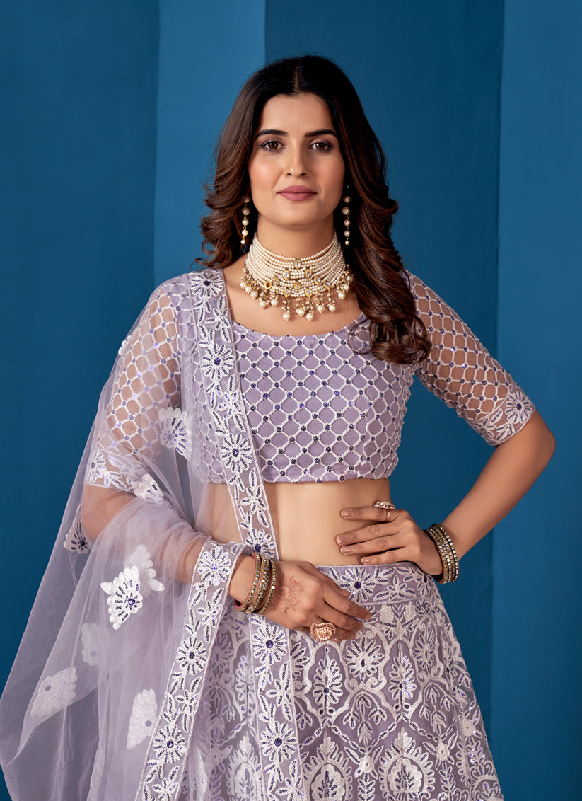 Lavender Net Embroidered  Wedding Wear Lehenga Choli